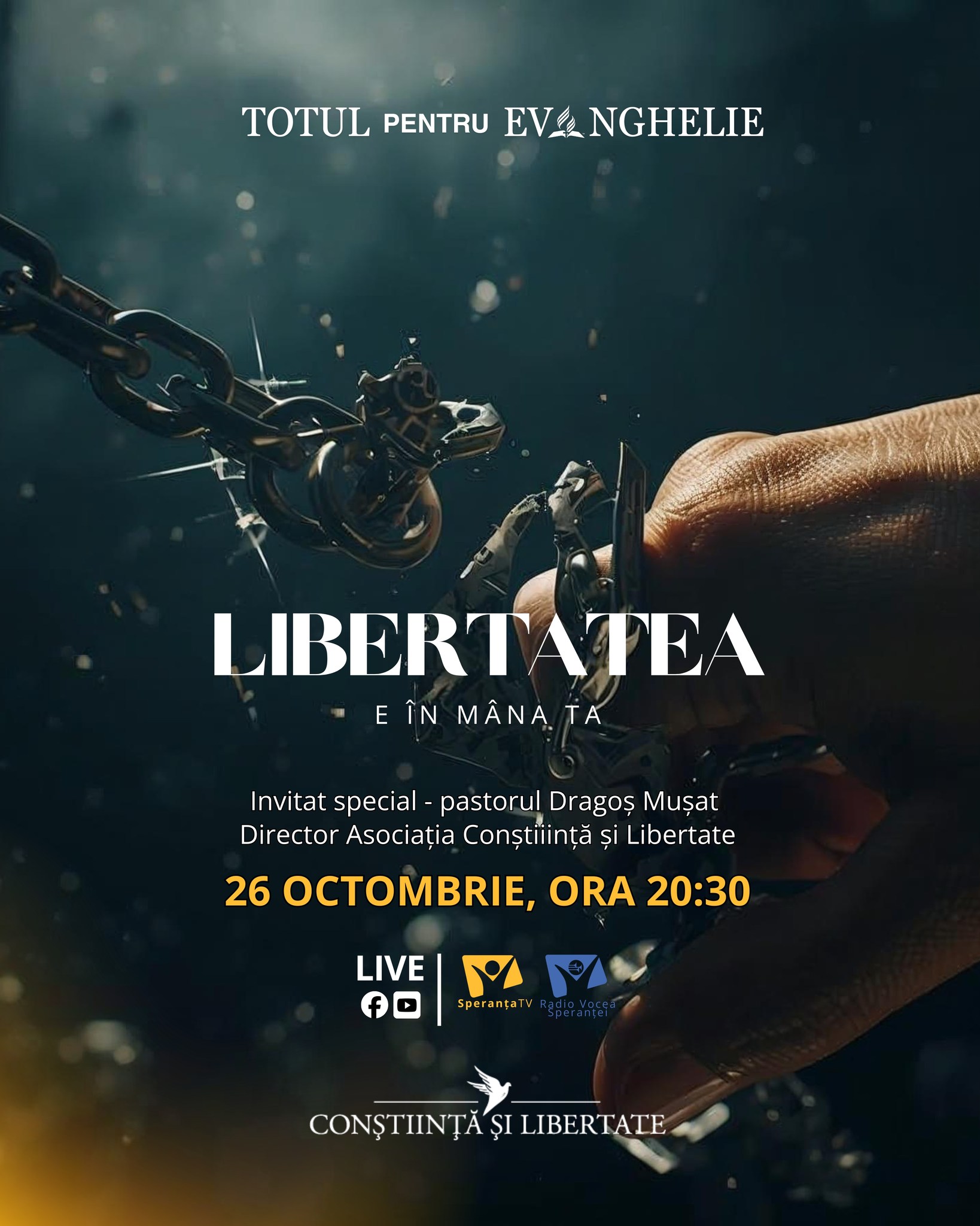 🌟 O seară despre libertatea care vine din adevăr!

Te invităm să urmărești emisiunea „ Libertatea e în mâna ta”, diseară, 26 octombrie, la ora 20:30, în direct la Speranța TV, Radio Vocea Speranței și online. 

🎤 Mesajul serii: pastor Dragoș Mușat – „Veți cunoaște adevărul și adevărul vă va face slobozi” (Ioan 8:32). Un mesaj profetic despre responsabilitate. 

📖Invitați speciali: 

-	Liviu-Bogdan Ciucă, președinte Comisia juridică, de disciplină şi imunităţi, Camera Deputaților;
-	pastor Viorel Dima;
-	pastor Beniamin Anca, director Departament Libertate Religioasă Biserica Adventistă Transilvania Nord; 
-	Adriana Dinu, medic anestezist din Franța. 

📖 Descoperă cum adevărul eliberează, cum credința se trăiește și cum libertatea spirituală devine temelia unei vieți autentice.

📲 Urmărește LIVE pe paginile noastre de Facebook și YouTube, lasă un comentariu sau trimite un mesaj pentru a fi parte din dialogul serii.

🎬 Reportaj: cum reușesc creștinii minoritari să își respecte sărbătorile săptămânale când datoria îi cheamă la serviciu sau școala îi cheamă la examene? 

🎬 Reportaj: investigație în arhive despre victimele unor abuzuri religioase inimaginabile din timpul secolului trecut. 
🎙️Muzică: solist Ananda Vișan

📞 Pentru a trimite mesajele tale scrise în platou trimite SMS cu tarif normal  la 0751400300 | WhatsApp. De asemenea, dacă preferi să ne lași un mesaj audio (pe WhatsApp), putem să îți facem vocea auzită pe posturile noastre. Te invităm să participi la un sondaj răspunzând la întrebarea serii. 

#TotulPentruEvanghelie #SperantaTV #RadioVoceaSperantei #TrustulMediaSperanta #CredintaInActiune #Inspiratie #Misiune #LibertatePrinAdevăr