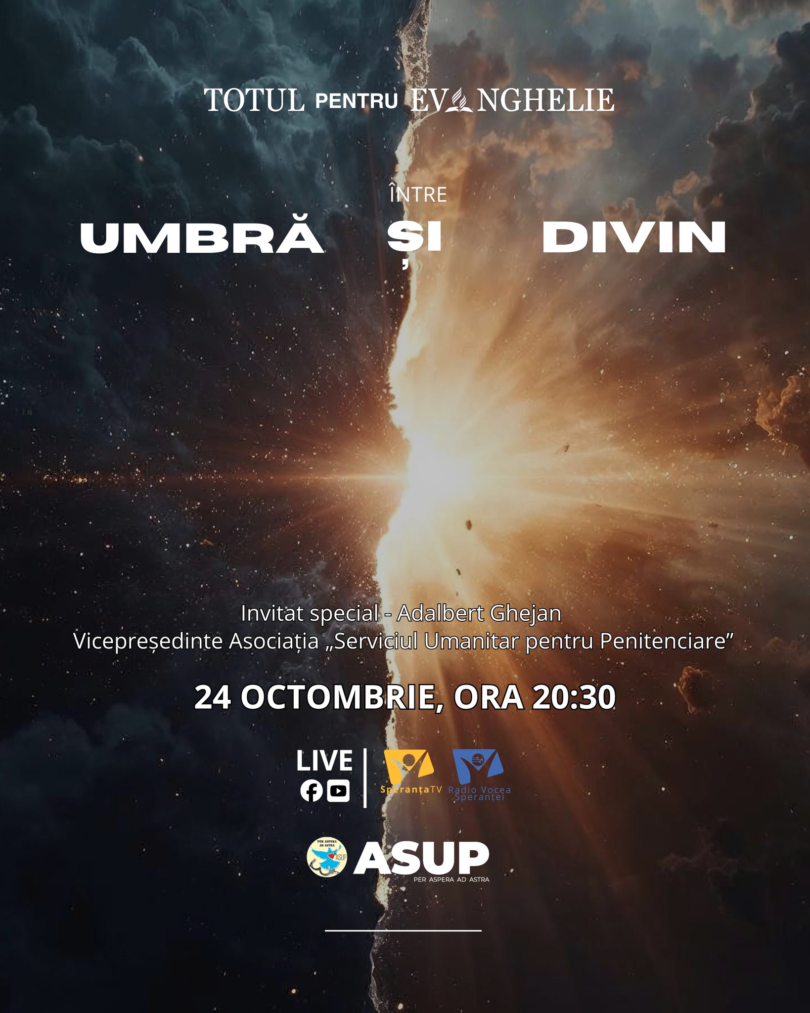 🌟 O seară care poate schimba totul!
Fii alături de noi astăzi, 24 octombrie, la ora 20:30, pentru emisiunea „Totul pentru Evanghelie”, transmisă în direct la Speranța TV și Radio Vocea Speranței.

🎤 Invitat special: Adalbert Ghejan, Vicepreședinte al Asociației Serviciul Umanitar pentru Penitenciare — un om care transformă credința în fapte!

🙏 Trăiește cu noi o seară de inspirație, speranță și misiune.
📲 Urmărește LIVE pe paginile noastre de Facebook și YouTube și lasă un comentariu cu mesajul tău pentru invitați!

#TotulPentruEvanghelie #SperantaTV #RadioVoceaSperantei #TrustulMediaSperanta #CredintaInActiune #Inspiratie #Misiune